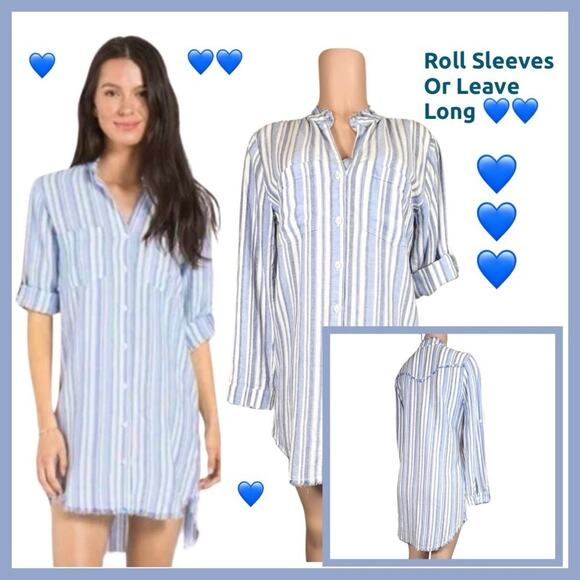 Anthropology Cloth & Stone Blue & White Stripe Frayed Hem Denim Dress SZ S $139 - Picture 1 of 16